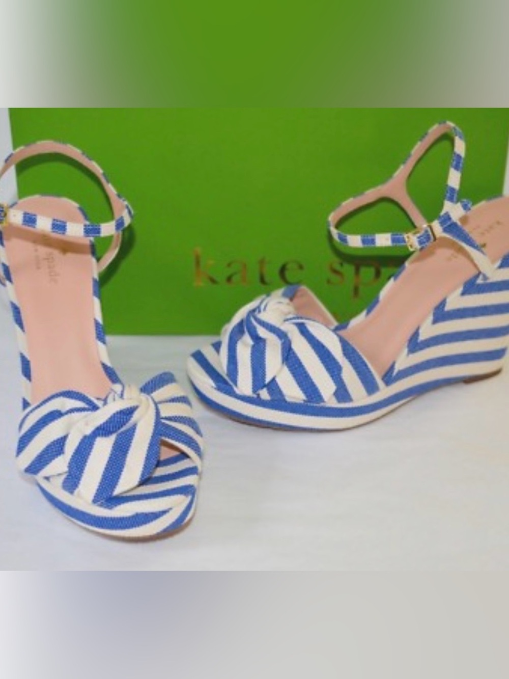 kate spade Blue and White Striped Knot Front Wedge Sandals